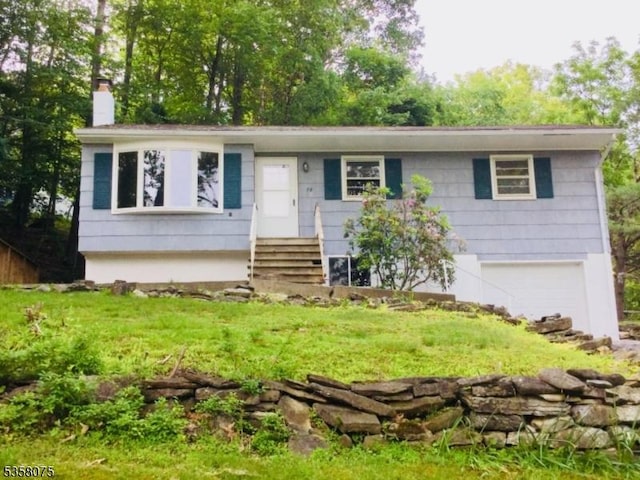 78 Hillside Ter, Green Twp, NJ 07821 - ranch-style house featuring an attached garage, a chimney, a front lawn, and entry steps