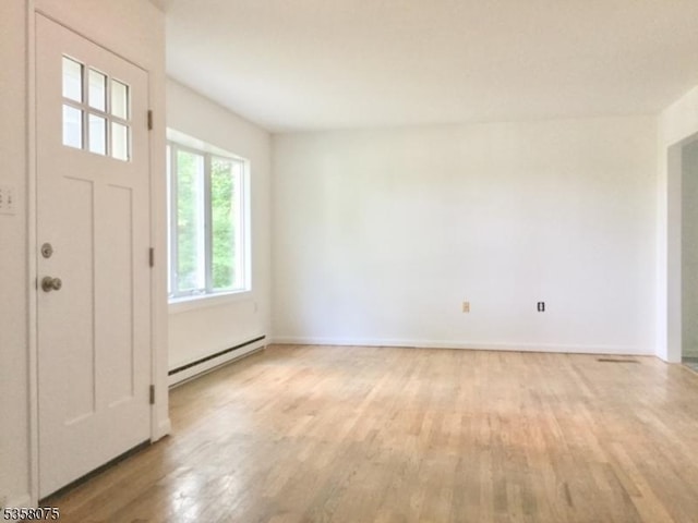 78 Hillside Ter, Green Twp, NJ 07821 - entryway featuring a baseboard heating unit, light wood-type flooring, and baseboards