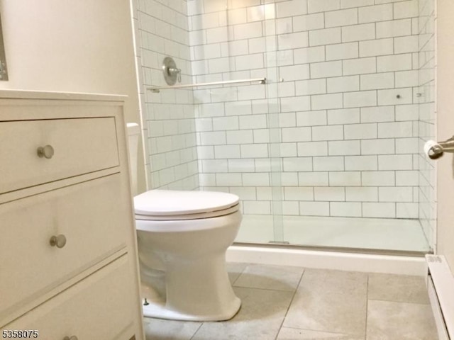 78 Hillside Ter, Green Twp, NJ 07821 - bathroom with a shower stall, toilet, a baseboard heating unit, and vanity