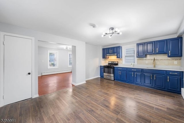 1353 W 3rd St, Plainfield City, NJ 07063 - kitchen with stainless steel gas range, baseboard heating, blue cabinets, a sink, and light countertops