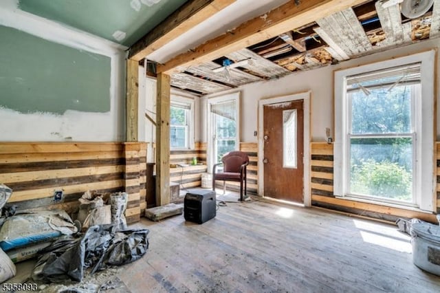 miscellaneous room featuring wood-type flooring, wainscoting, and wooden walls