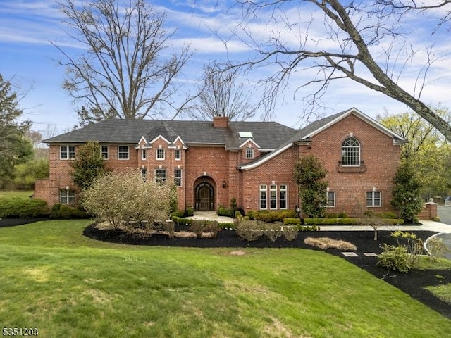 view of front of home featuring brick siding, a front lawn, and a chimney