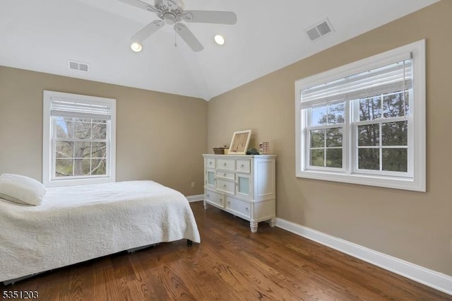 bedroom featuring baseboards, dark wood-type flooring, vaulted ceiling, a ceiling fan, and recessed lighting