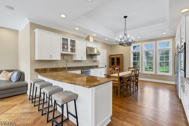 kitchen with crown molding, under cabinet range hood, a raised ceiling, white cabinets, and appliances with stainless steel finishes