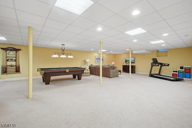 playroom with pool table, baseboards, carpet floors, recessed lighting, and a paneled ceiling
