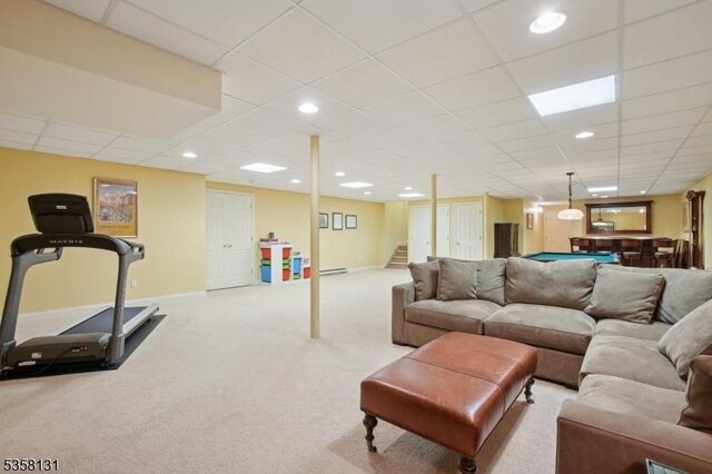 living room with stairway, carpet flooring, billiards table, a paneled ceiling, and recessed lighting