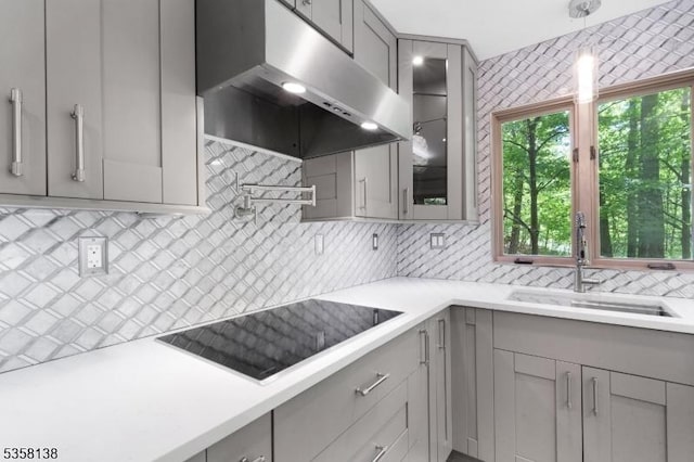 19 Village Way Unit 7H, Vernon Twp, NJ 07462 - kitchen with gray cabinetry, ventilation hood, and black electric stovetop