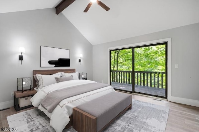 19 Village Way Unit 7H, Vernon Twp, NJ 07462 - bedroom featuring access to exterior, light wood-style floors, beam ceiling, baseboards, and a ceiling fan
