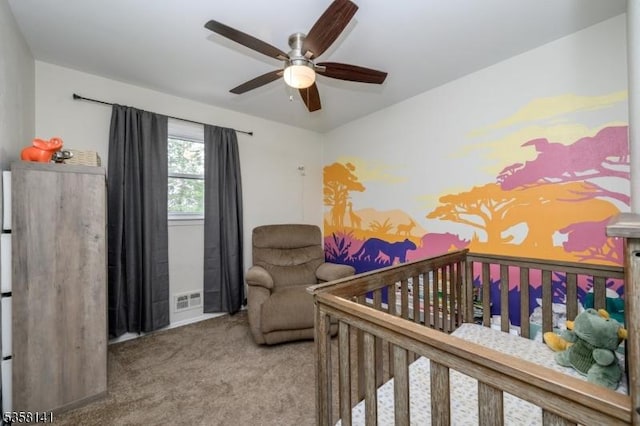 bedroom featuring carpet floors and ceiling fan