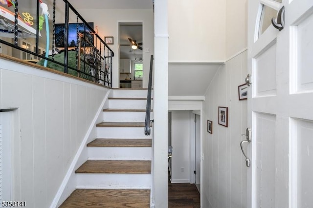 stairway featuring a ceiling fan, a decorative wall, and wood finished floors