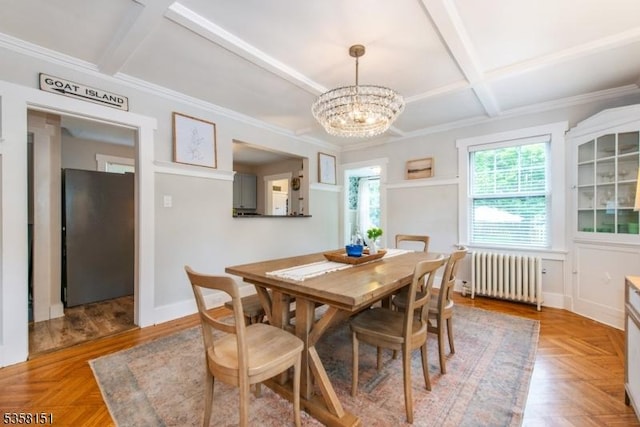 132 Linden Ave, Glen Ridge Boro Twp, NJ 07028 - dining area with radiator, coffered ceiling, a chandelier, beamed ceiling, and crown molding