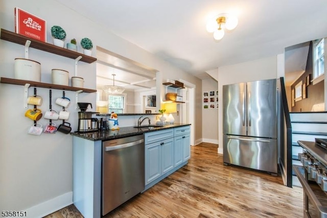 132 Linden Ave, Glen Ridge Boro Twp, NJ 07028 - kitchen featuring stainless steel appliances, open shelves, blue cabinets, a sink, and baseboards