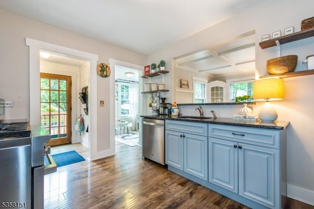 132 Linden Ave, Glen Ridge Boro Twp, NJ 07028 - kitchen featuring open shelves, dishwasher, blue cabinets, a sink, and dark wood-style flooring