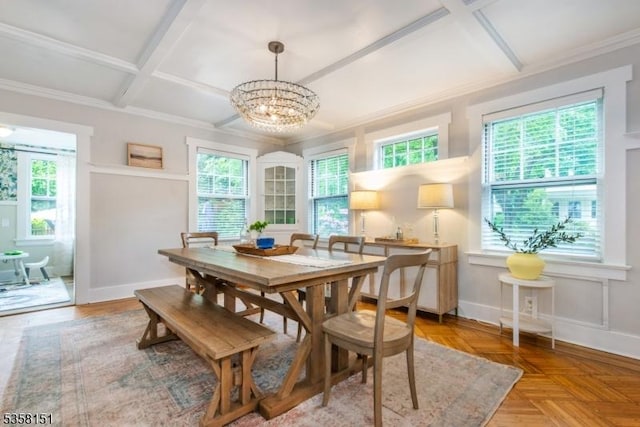 132 Linden Ave, Glen Ridge Boro Twp, NJ 07028 - dining space with coffered ceiling, a chandelier, baseboards, ornamental molding, and beamed ceiling