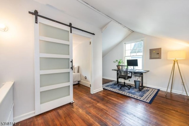 132 Linden Ave, Glen Ridge Boro Twp, NJ 07028 - office area with a barn door, hardwood / wood-style floors, lofted ceiling, and baseboards
