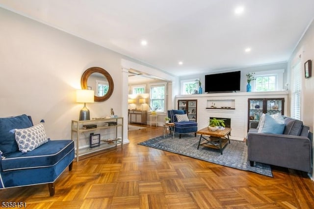 132 Linden Ave, Glen Ridge Boro Twp, NJ 07028 - living room featuring a fireplace, recessed lighting, and baseboards
