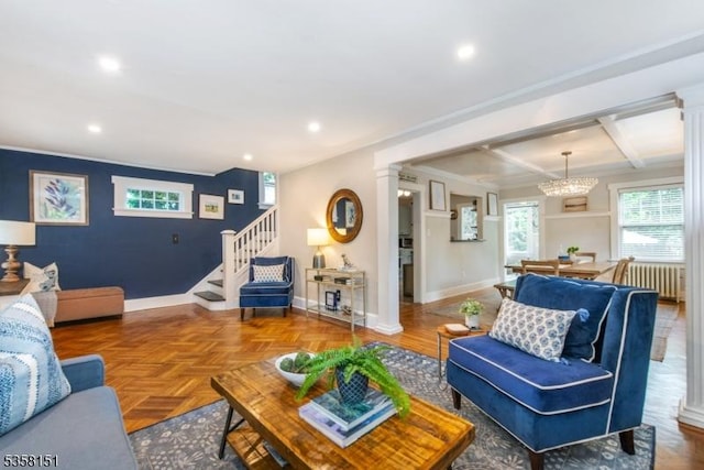 132 Linden Ave, Glen Ridge Boro Twp, NJ 07028 - living area with radiator, baseboards, recessed lighting, stairway, and decorative columns