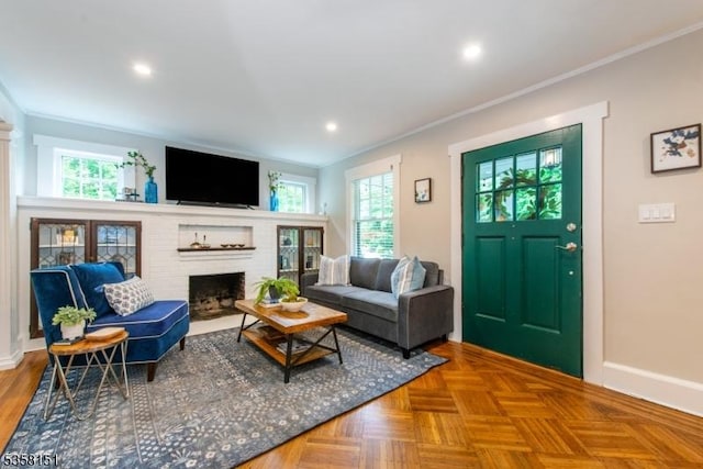 132 Linden Ave, Glen Ridge Boro Twp, NJ 07028 - living room featuring baseboards, crown molding, a fireplace, and recessed lighting