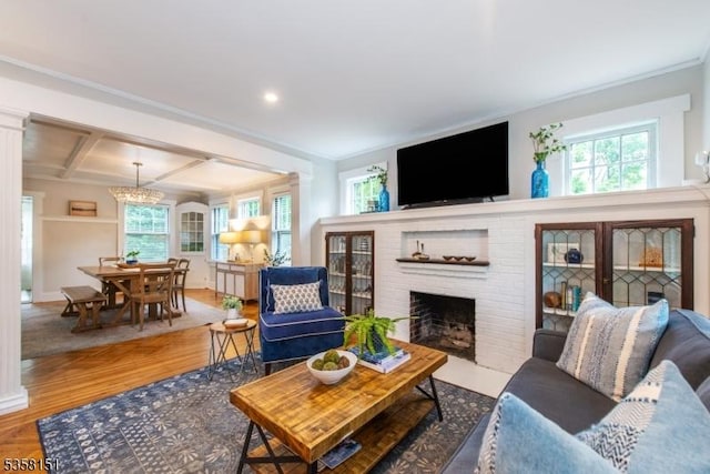 132 Linden Ave, Glen Ridge Boro Twp, NJ 07028 - living room featuring a brick fireplace, wood finished floors, coffered ceiling, beamed ceiling, and recessed lighting
