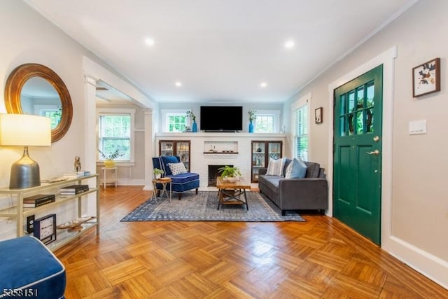 132 Linden Ave, Glen Ridge Boro Twp, NJ 07028 - living area with a brick fireplace, baseboards, and recessed lighting