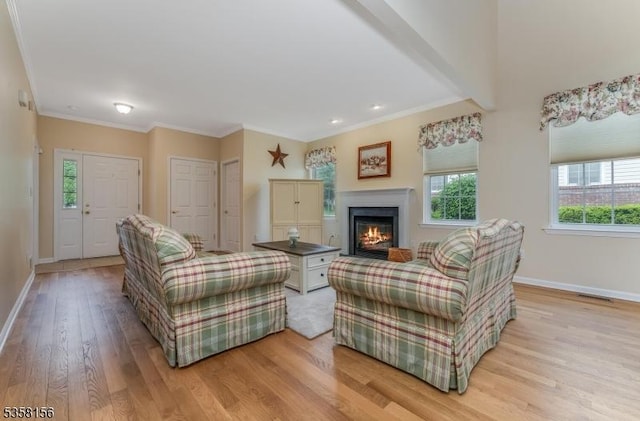 109 Samson Dr, Raritan Twp, NJ 08822 - living room with light wood-style floors, a glass covered fireplace, baseboards, and crown molding