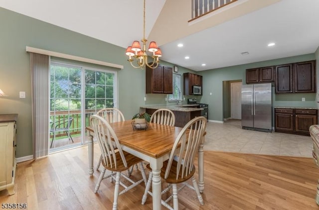 109 Samson Dr, Raritan Twp, NJ 08822 - dining space featuring a chandelier, light wood-type flooring, baseboards, recessed lighting, and vaulted ceiling