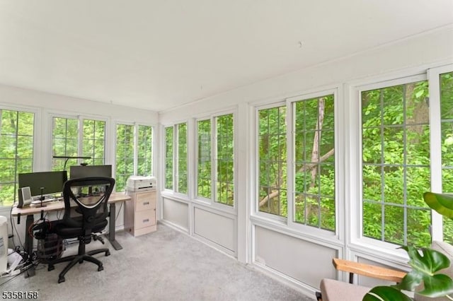 home office with healthy amount of natural light and light colored carpet