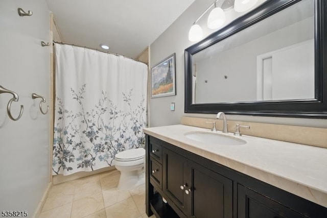 63 Cedar Lk W, Denville Twp, NJ 07834 - bathroom with vanity, toilet, a shower with curtain, tile patterned floors, and baseboards