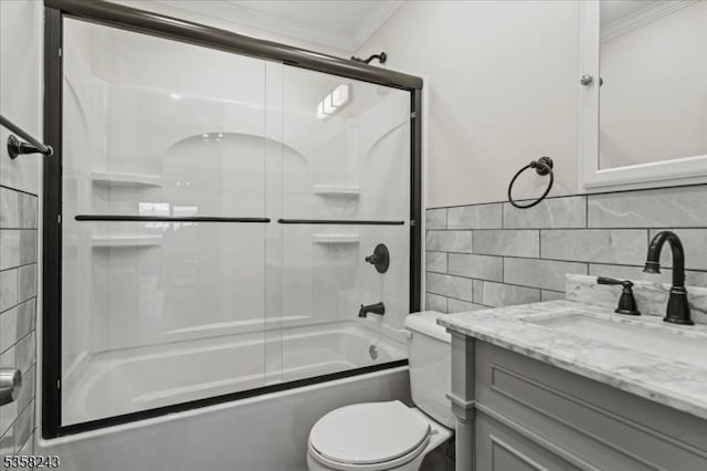3 Telemark Dr Unit 10, Vernon Twp, NJ 07462 - bathroom with crown molding, toilet, vanity, tasteful backsplash, and bath / shower combo with glass door