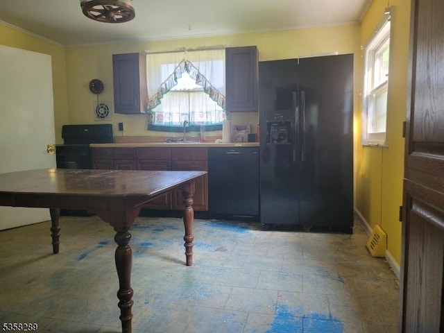 68 Route31, Oxford Twp, NJ 07863 - kitchen with black appliances, ornamental molding, a sink, baseboards, and light stone finish flooring