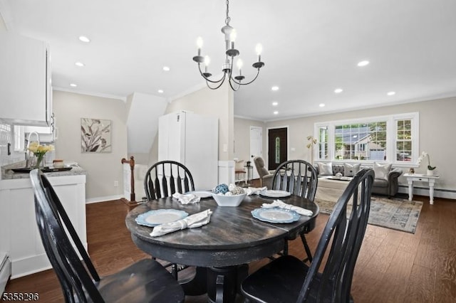 25 Hunter St, Roxbury Twp, NJ 07876 - dining area with crown molding, wood finished floors, recessed lighting, a chandelier, and a baseboard heating unit