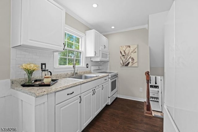 25 Hunter St, Roxbury Twp, NJ 07876 - kitchen featuring white appliances, dark wood-style flooring, tasteful backsplash, white cabinets, and ornamental molding