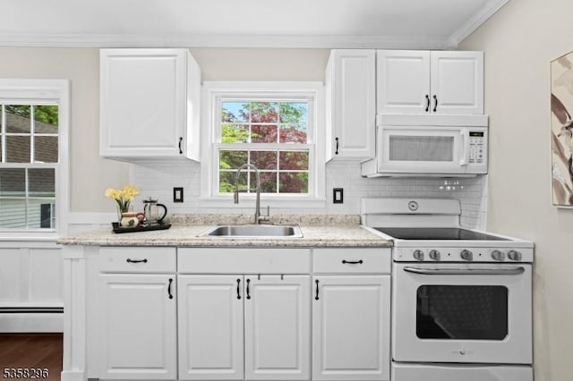 25 Hunter St, Roxbury Twp, NJ 07876 - kitchen featuring white appliances, a baseboard heating unit, crown molding, white cabinetry, and backsplash