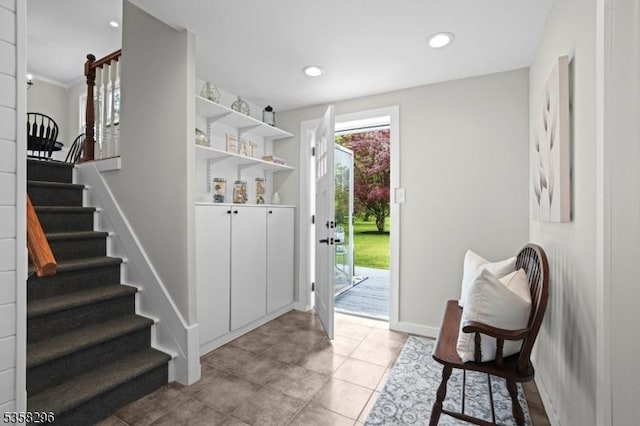 25 Hunter St, Roxbury Twp, NJ 07876 - entrance foyer with stairway, light tile patterned floors, and recessed lighting