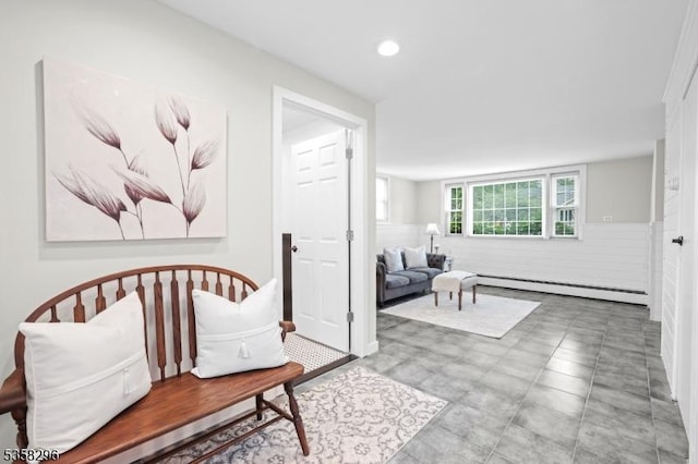 25 Hunter St, Roxbury Twp, NJ 07876 - living area with a baseboard heating unit, recessed lighting, and a wainscoted wall