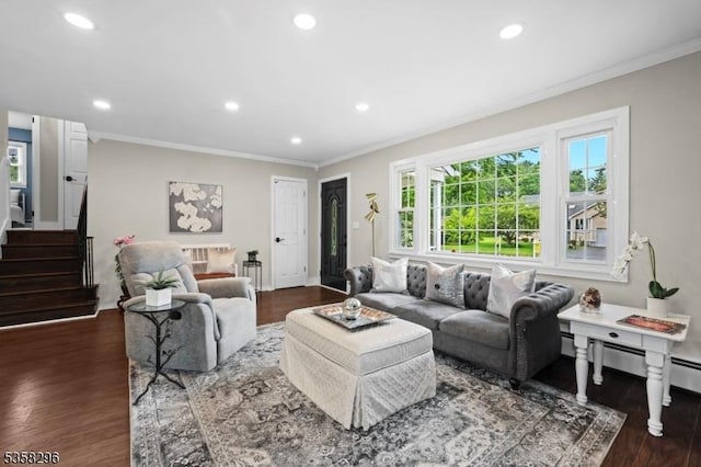 25 Hunter St, Roxbury Twp, NJ 07876 - living room featuring ornamental molding, recessed lighting, wood finished floors, and stairway