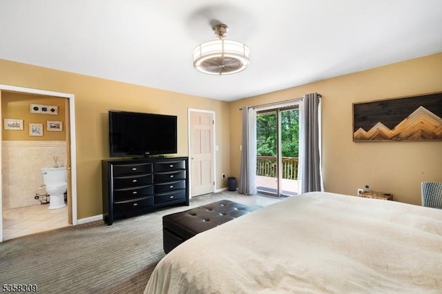 67 Brookwood Rd, Byram Twp, NJ 07874 - bedroom with access to exterior, ensuite bathroom, tile patterned floors, carpet floors, and tile walls