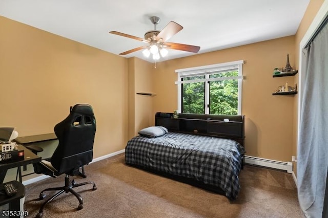 67 Brookwood Rd, Byram Twp, NJ 07874 - bedroom featuring a baseboard radiator, carpet flooring, baseboards, a desk, and a ceiling fan