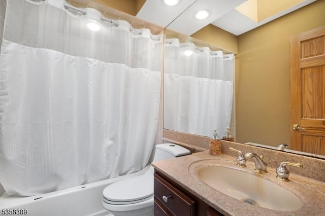 67 Brookwood Rd, Byram Twp, NJ 07874 - bathroom featuring vanity, toilet, shower / tub combo with curtain, and recessed lighting