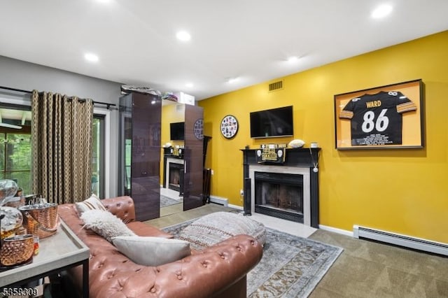 67 Brookwood Rd, Byram Twp, NJ 07874 - living room with a fireplace with flush hearth, recessed lighting, baseboard heating, baseboards, and a baseboard radiator