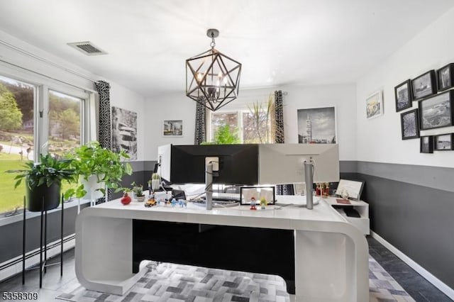 67 Brookwood Rd, Byram Twp, NJ 07874 - home office with plenty of natural light, a chandelier, baseboard heating, and baseboards