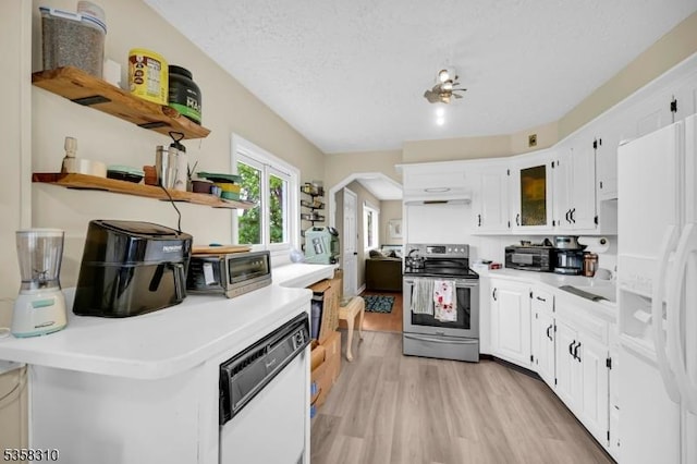 104 Lake Park Ter, West Milford Twp, NJ 07421 - kitchen with white appliances, open shelves, light wood-type flooring, and white cabinets