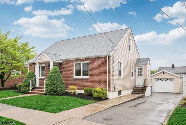 42 Hobart Pl, Totowa Boro, NJ 07512 - view of front of home featuring an outdoor structure, asphalt driveway, roof with shingles, a garage, and brick siding
