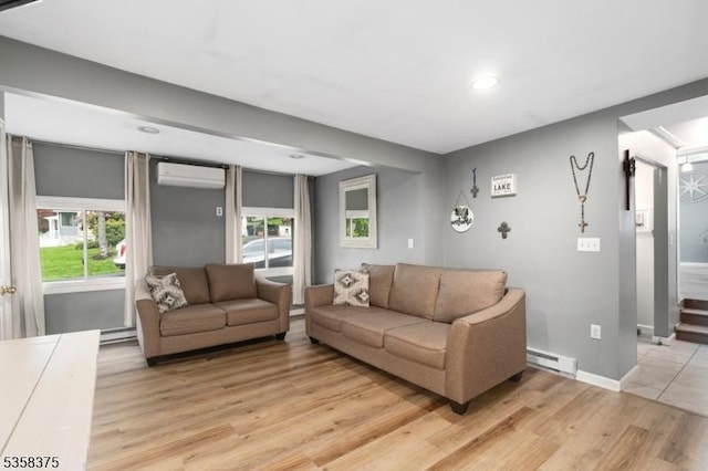 125 Schwarz Blvd, Jefferson Twp, NJ 07849 - living room with a wall mounted AC, a baseboard radiator, light wood-type flooring, plenty of natural light, and recessed lighting