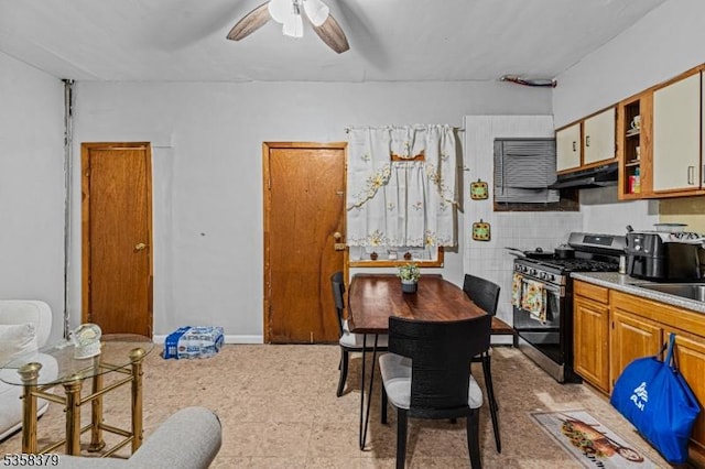 316-318 John St, Elizabeth City, NJ 07202 - kitchen with stainless steel range with gas stovetop, under cabinet range hood, ceiling fan, open shelves, and a sink