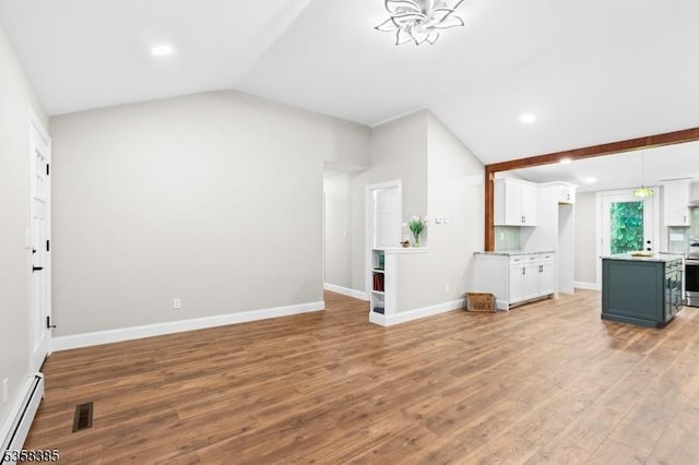 926 Cedar Dr, Stillwater Twp, NJ 07860 - unfurnished living room with a baseboard radiator, lofted ceiling, light wood finished floors, recessed lighting, and baseboards