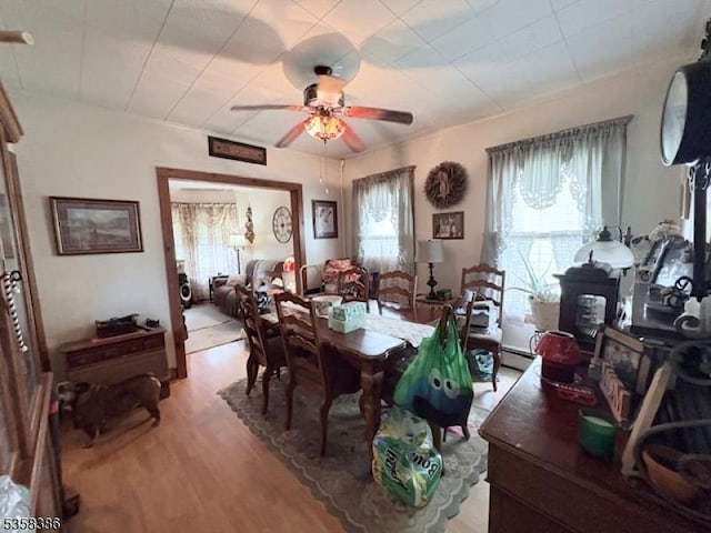 89 Somerset St, Somerville Boro, NJ 08876 - dining space featuring light wood-style floors, a ceiling fan, and a baseboard radiator