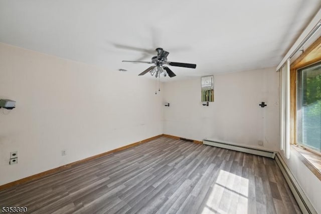 unfurnished room featuring wood finished floors, ceiling fan, a baseboard radiator, and baseboards