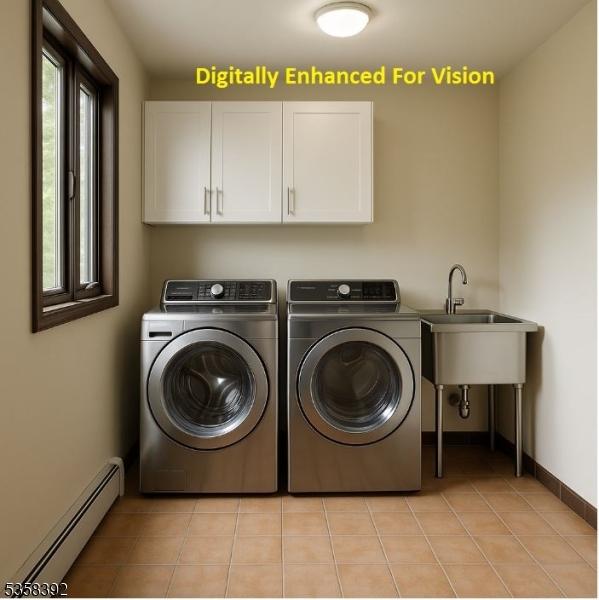 1601 Justin Pl, Mountainside Boro, NJ 07092 - laundry area with baseboard heating, cabinet space, washer and dryer, light tile patterned floors, and baseboards