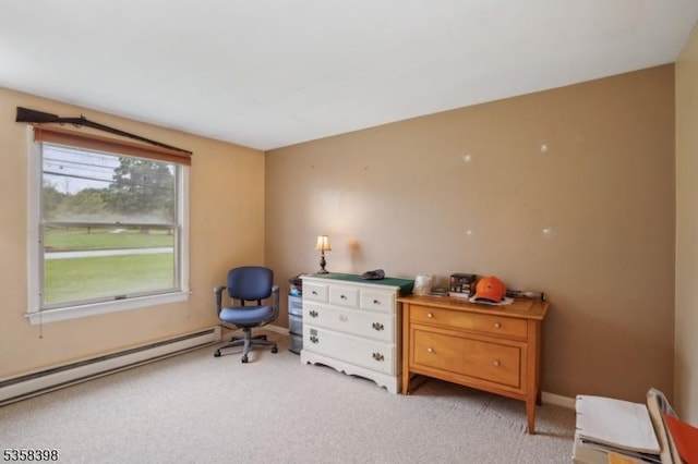 living area with light colored carpet and baseboard heating
